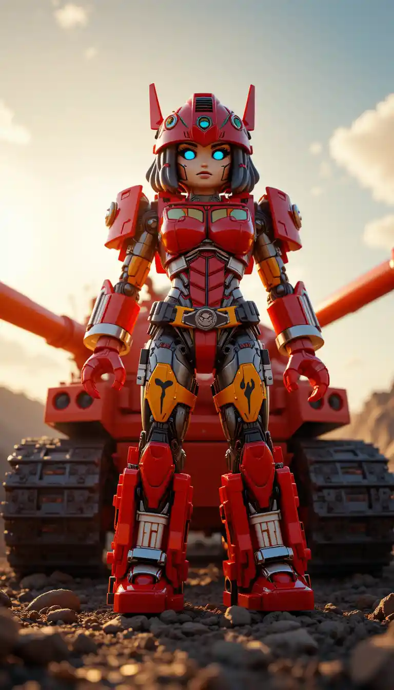 Lego-Feuerwehrwagen-Transformer-Frau im dramatischen Sonnenlicht