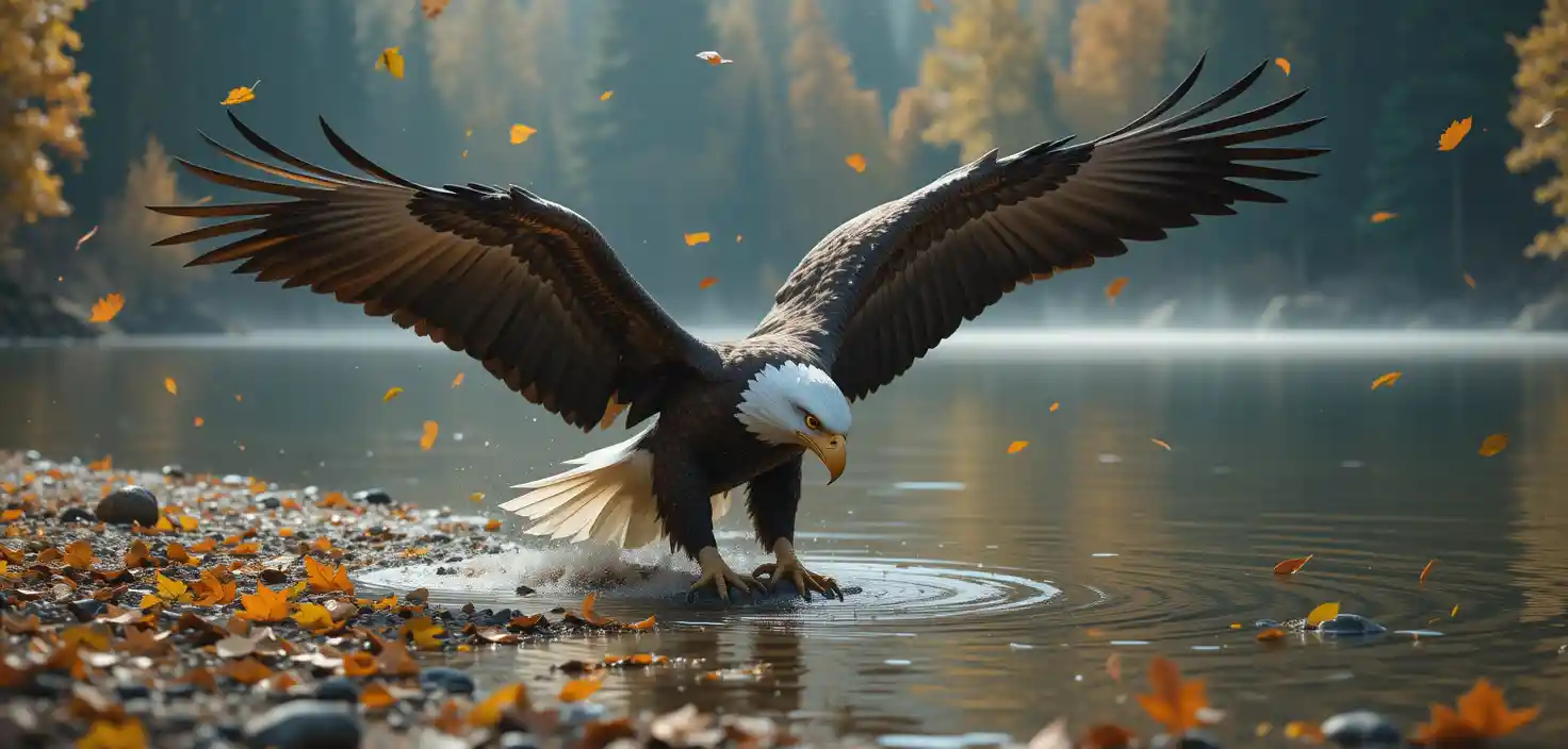 Aquila che beve presso un calmo lago nel bosco autunnale