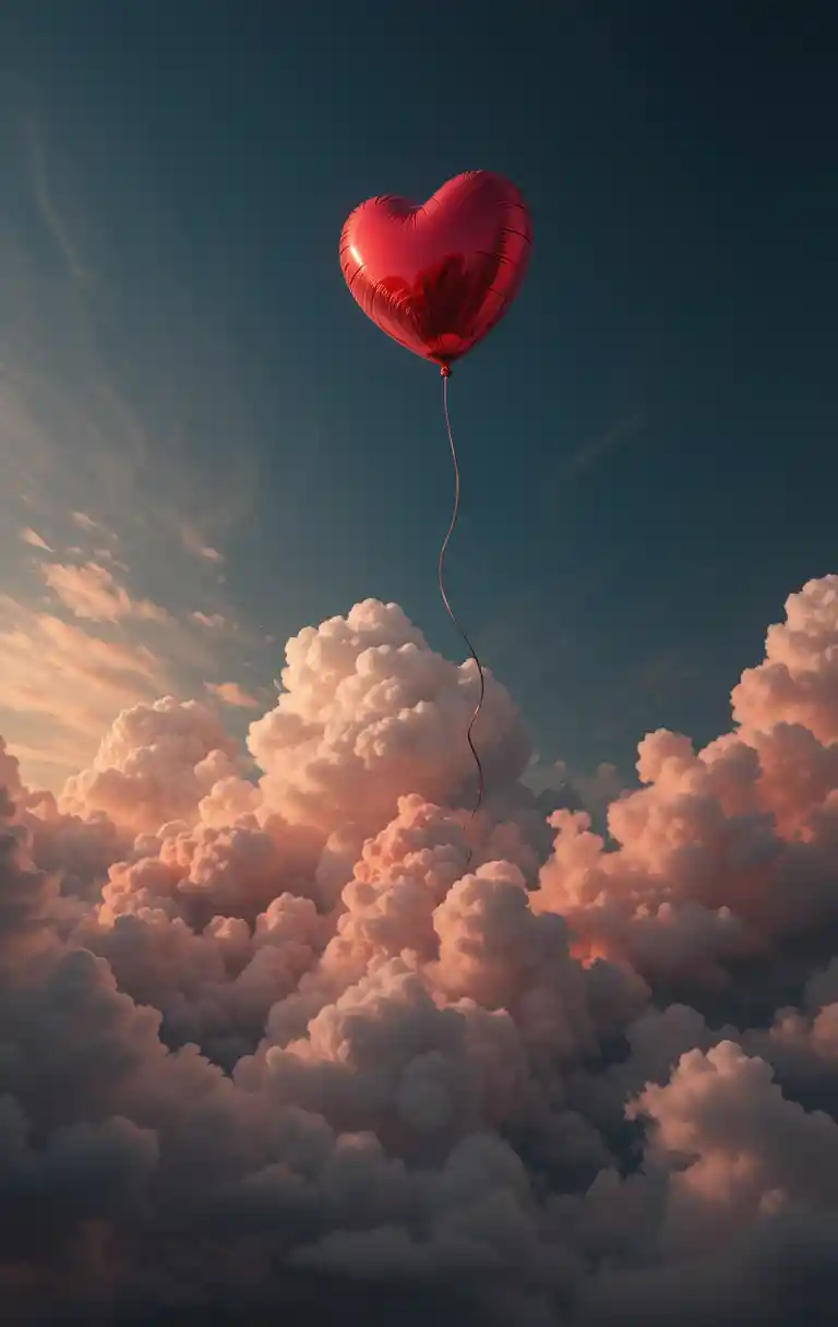 Globo de corazón rojo flotando en un cielo oscuro y nublado