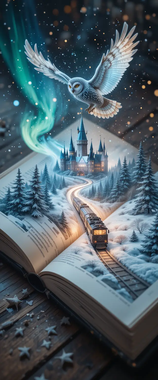 Libro aperto in doppia esposizione con magica scena invernale