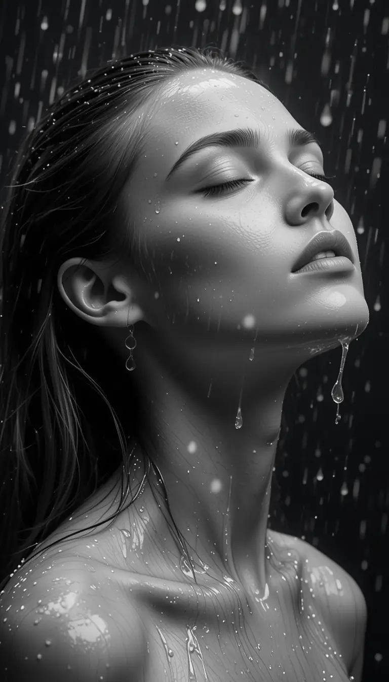 Monochrome portrait of a peaceful woman under falling water