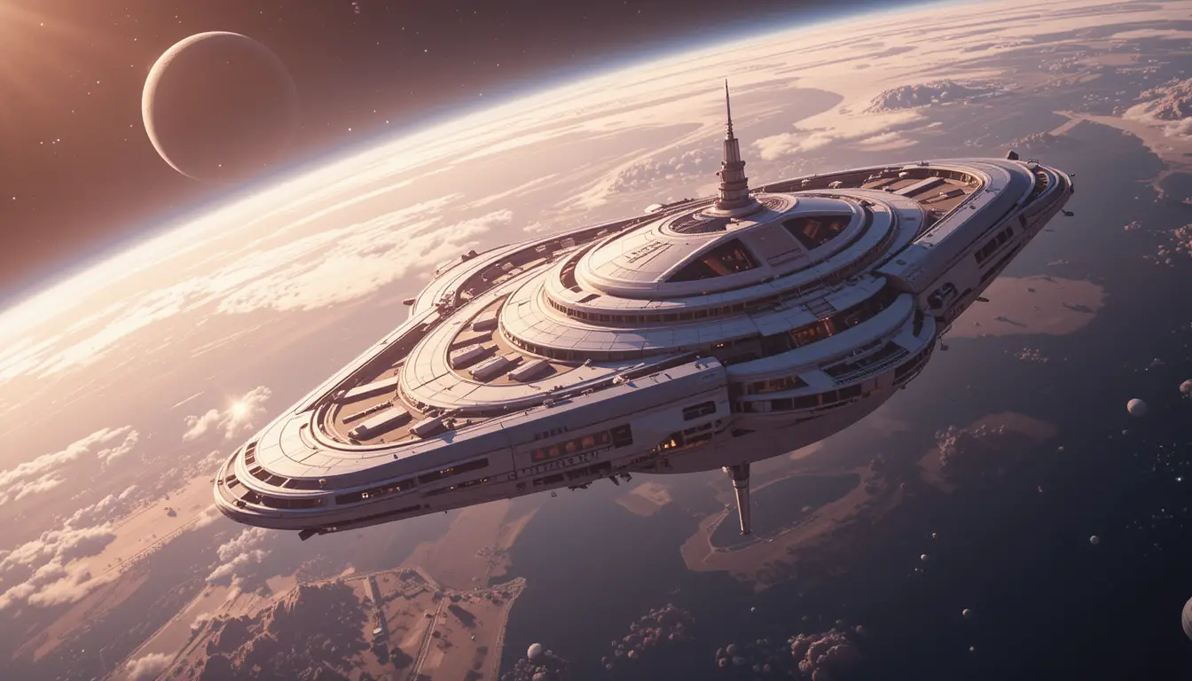 Hôtel orbital dérivant autour de la Terre dans un style rétrofuturiste