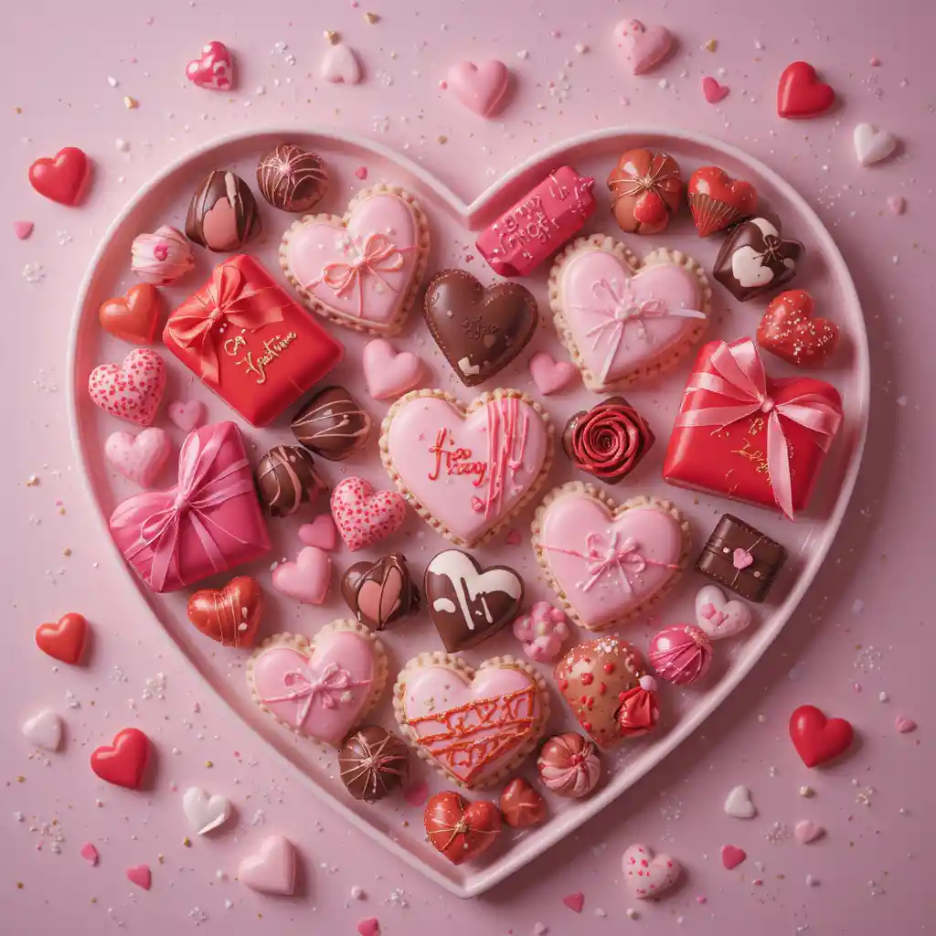 Valentine desserts on heart shaped tray in flat lay