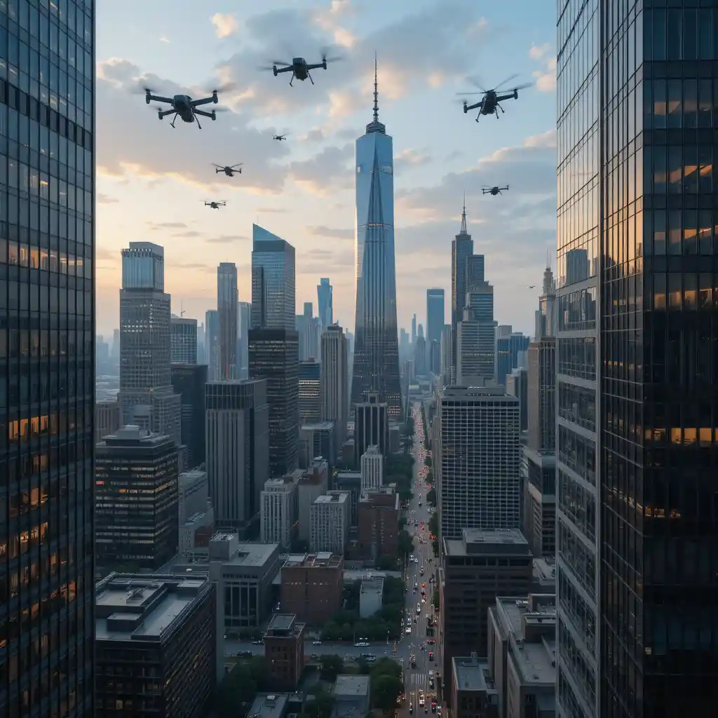 Drohnen fliegen bei Sonnenuntergang um moderne Wolkenkratzer