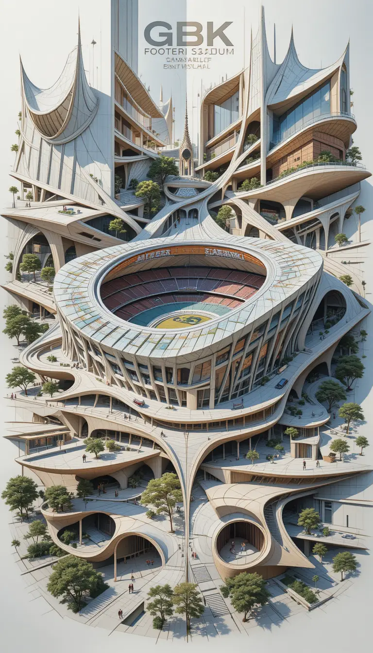 Collage architettonico futuristico di uno stadio di calcio iper colossale