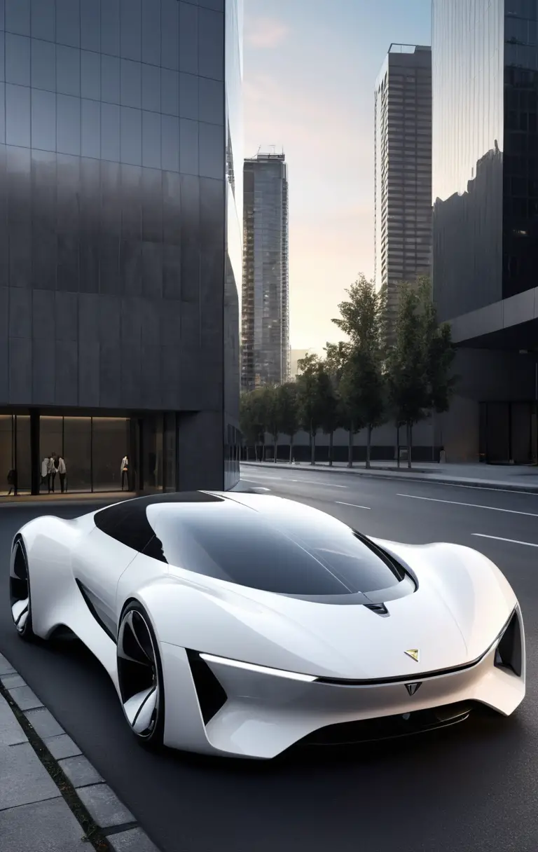 Futuristisches weißes Konzeptauto in moderner urbaner Umgebung