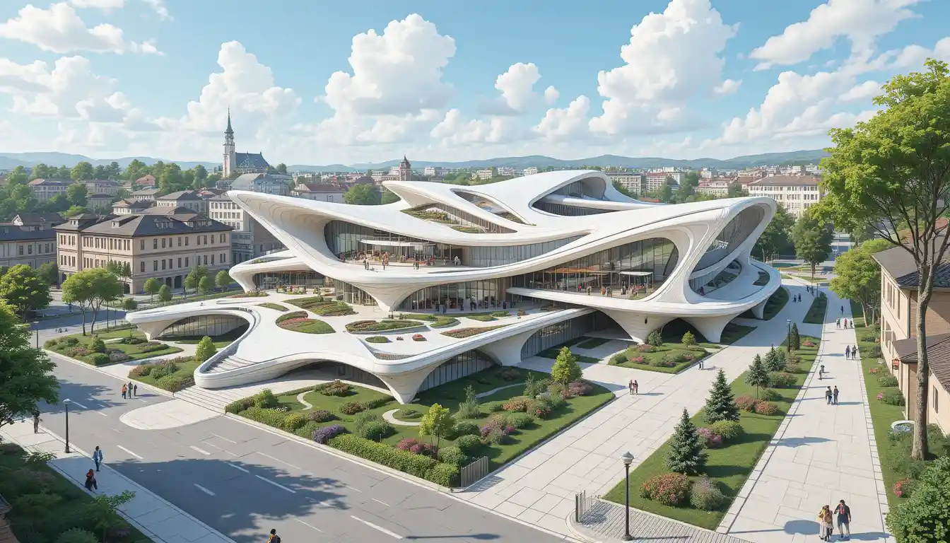 Edificio futuristico di mercato ecologico in una strada cittadina
