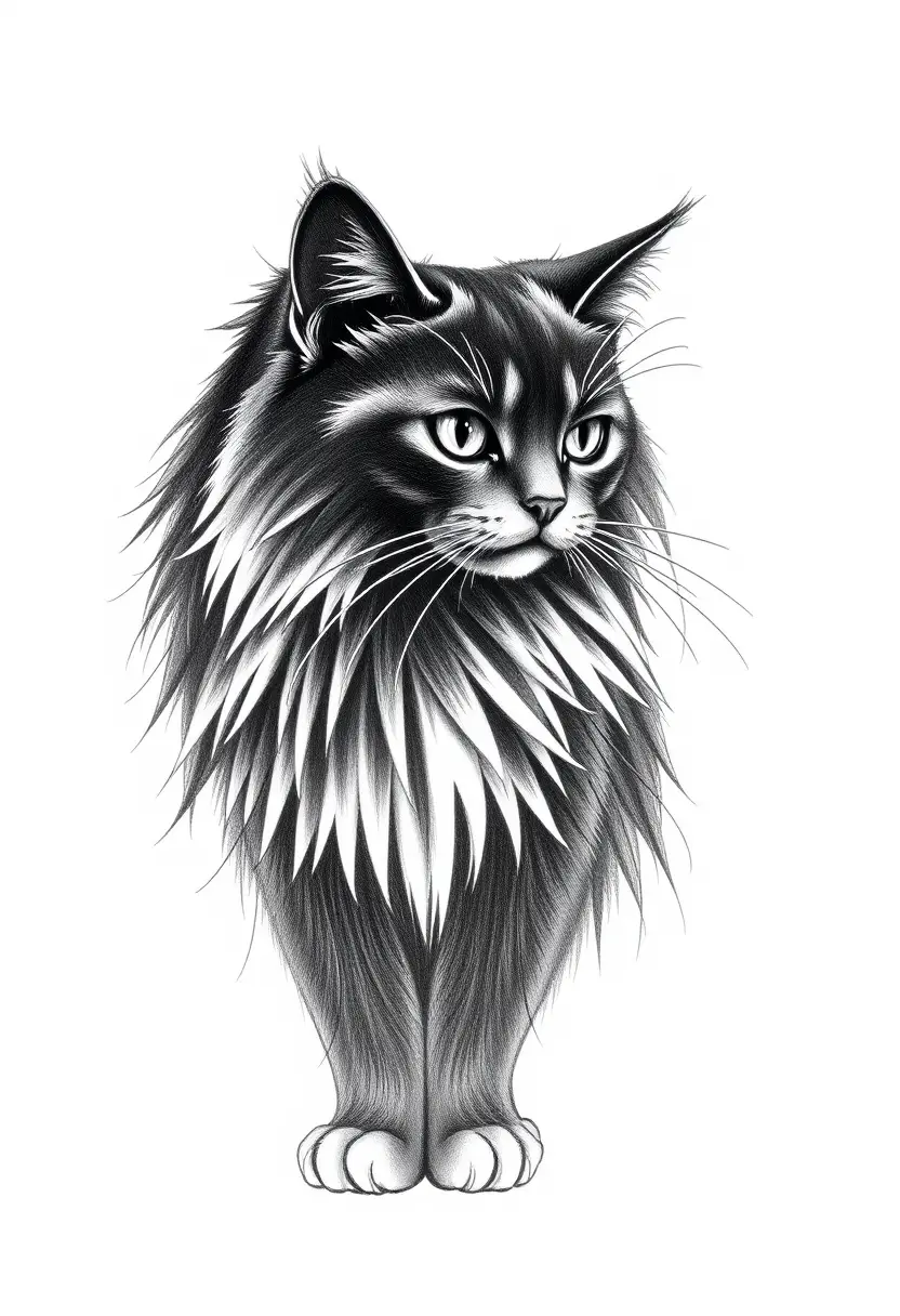 Ritratto minimalista a linee di un gatto a pelo lungo