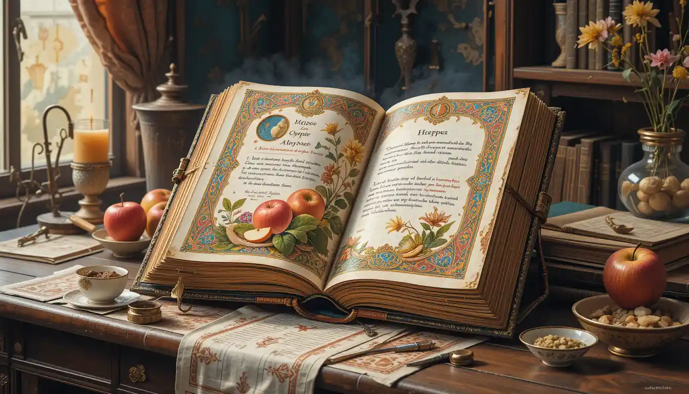 Natura morta ad acquerello con manoscritto di ricette miniato