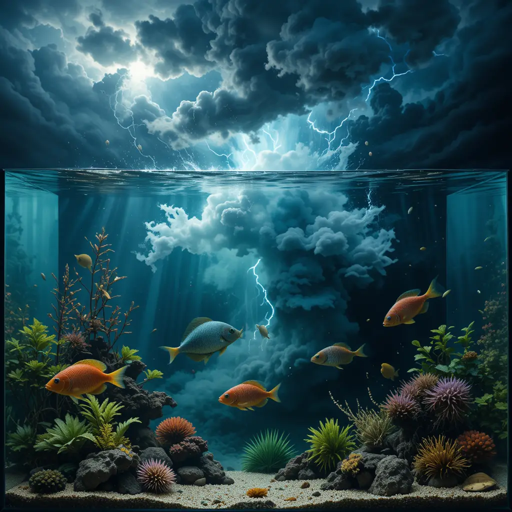 水族箱中寧靜魚群上方盤旋的超現實風暴