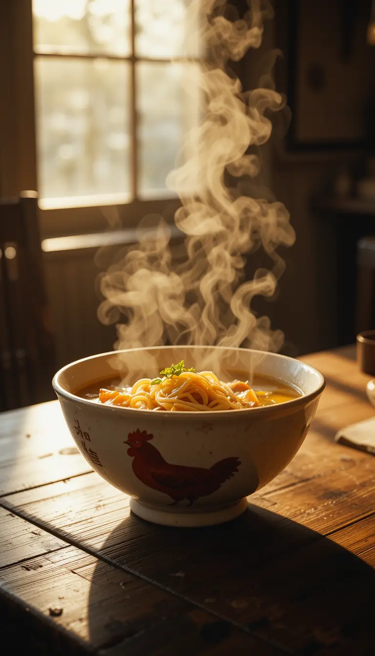 木質桌面上的熱騰騰雞肉麵湯碗