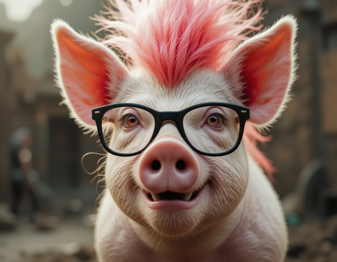 Angry pig face with flaming mohawk and red eyes
