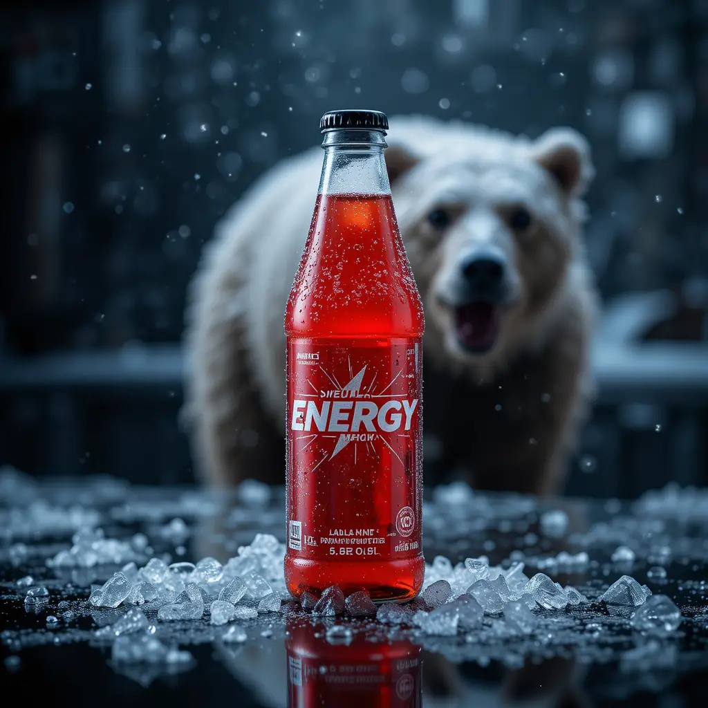 Energydrink-Flasche auf schwarzem reflektierendem Tisch mit unscharfem Bären