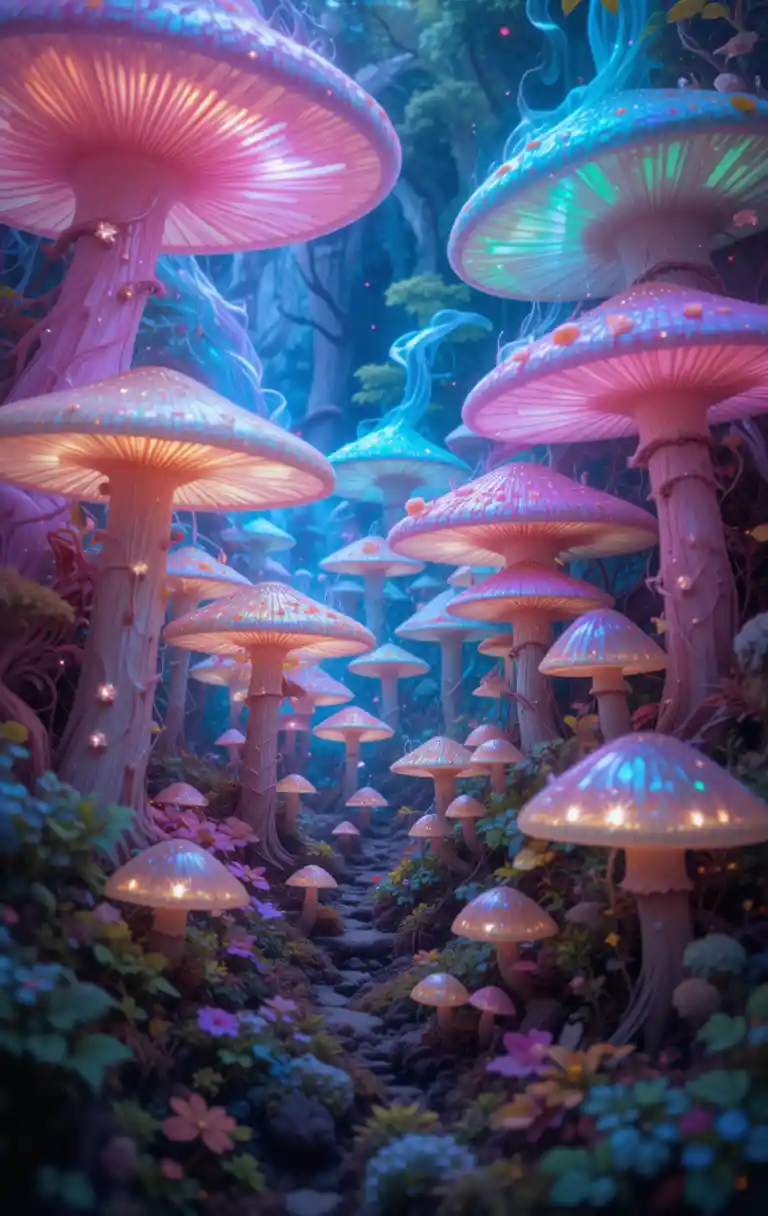 Surrealer Wald aus irisierenden Pilzen in einer pastellfarbenen Traumlandschaft