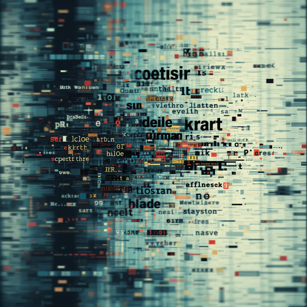 Abstrakter verglitchter Computerbildschirm mit verzerrtem digitalen Text