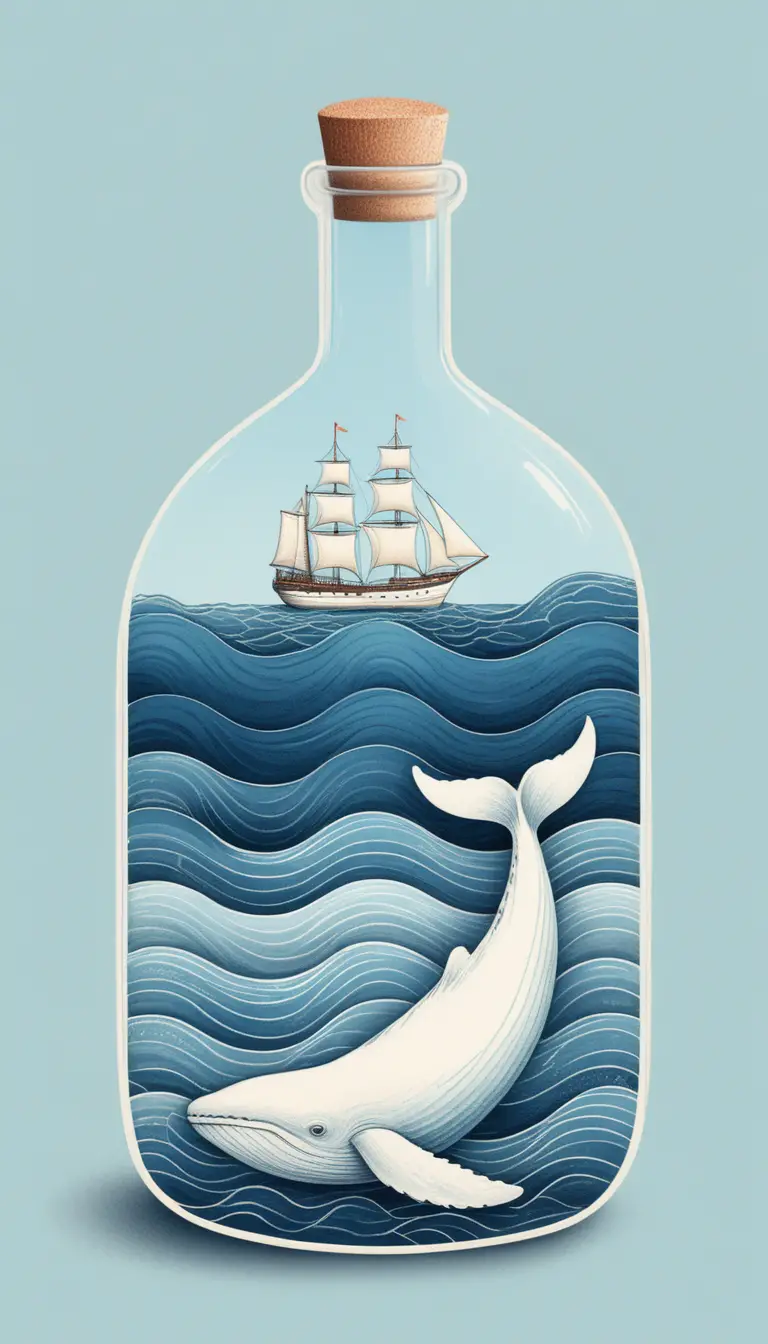Verspielte minimalistische Illustration eines Wals und eines Schiffs in einer Flasche
