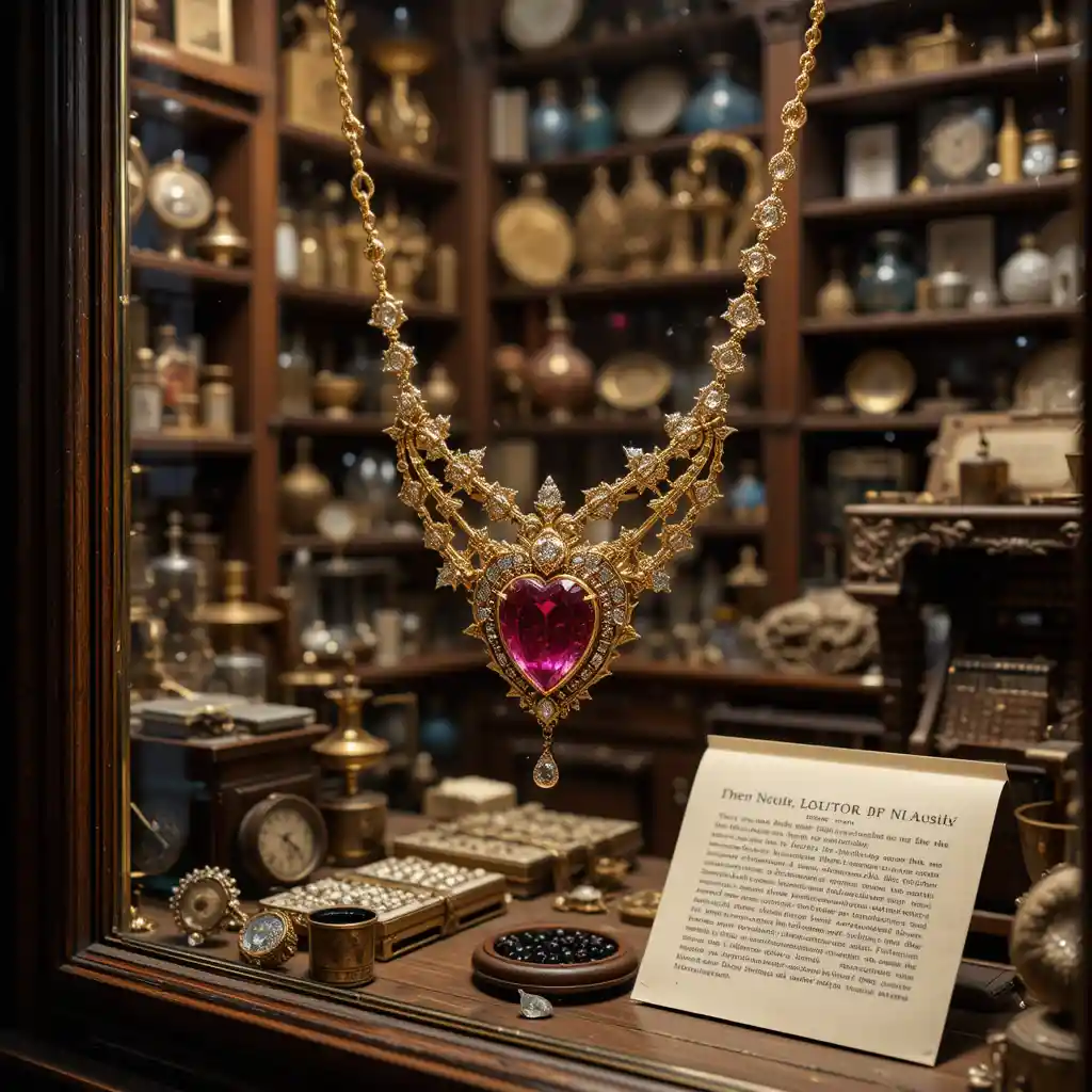 Elegante collana in oro con rubino in vetrina in una accogliente bottega di antiquariato