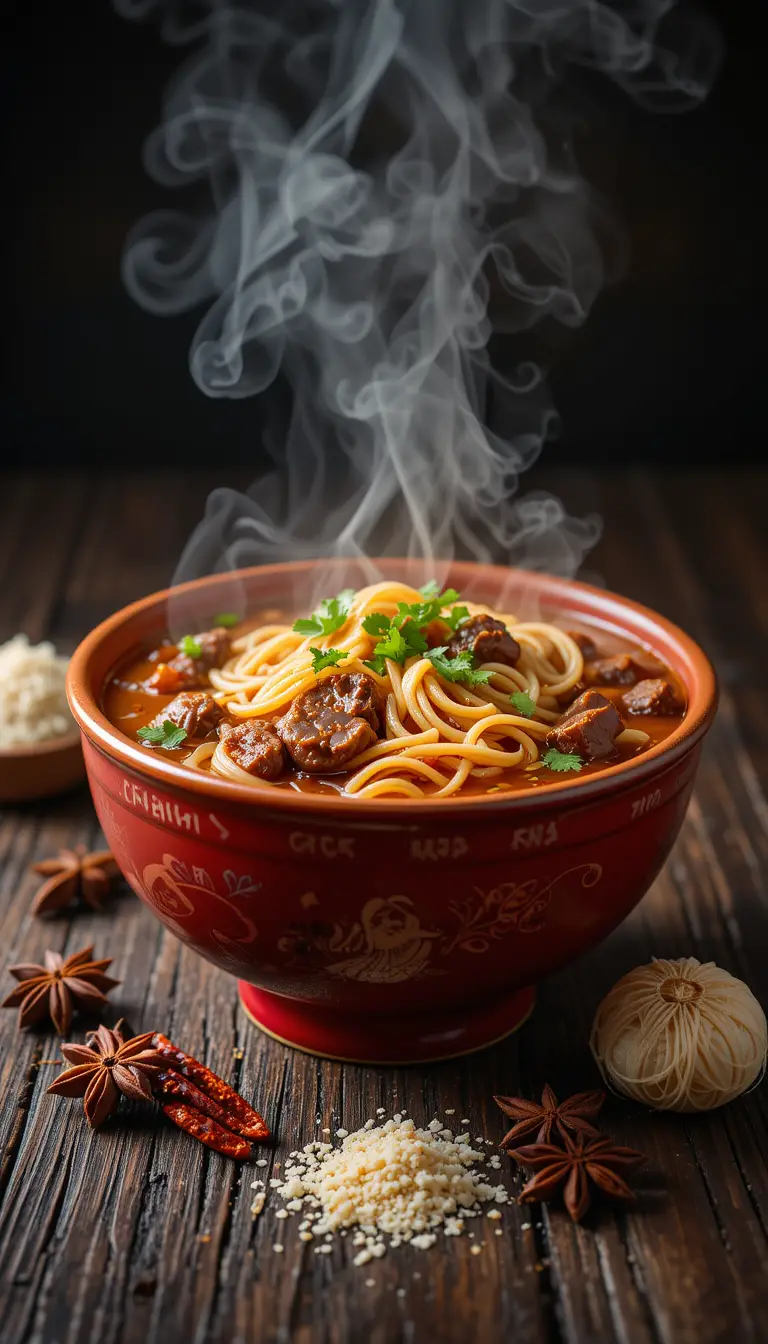 Gros plan d’un bol de soupe de nouilles au bœuf épicée sur la table