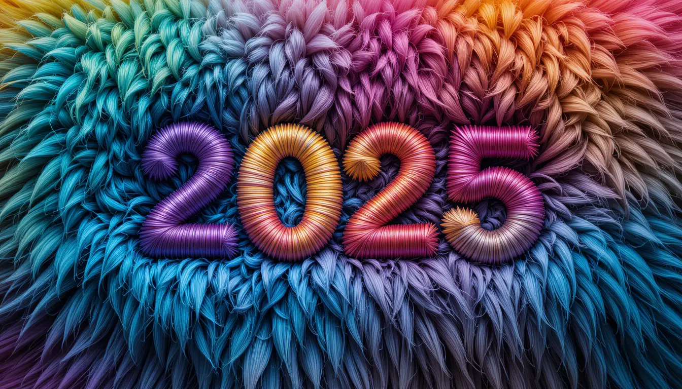 Fotorealistisches gesticktes 2025-Logo auf farbigem Stoffhintergrund