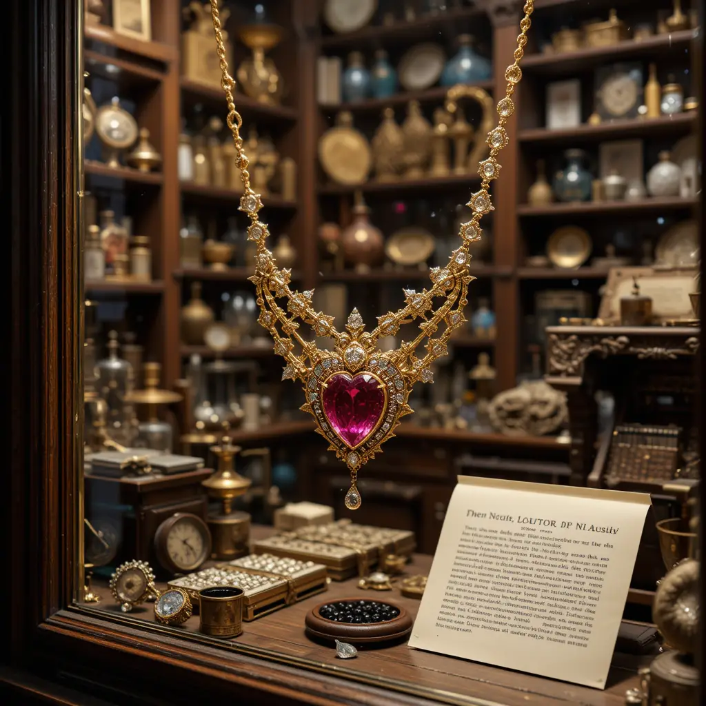 Elegante collana in oro con rubino in vetrina in una accogliente bottega di antiquariato