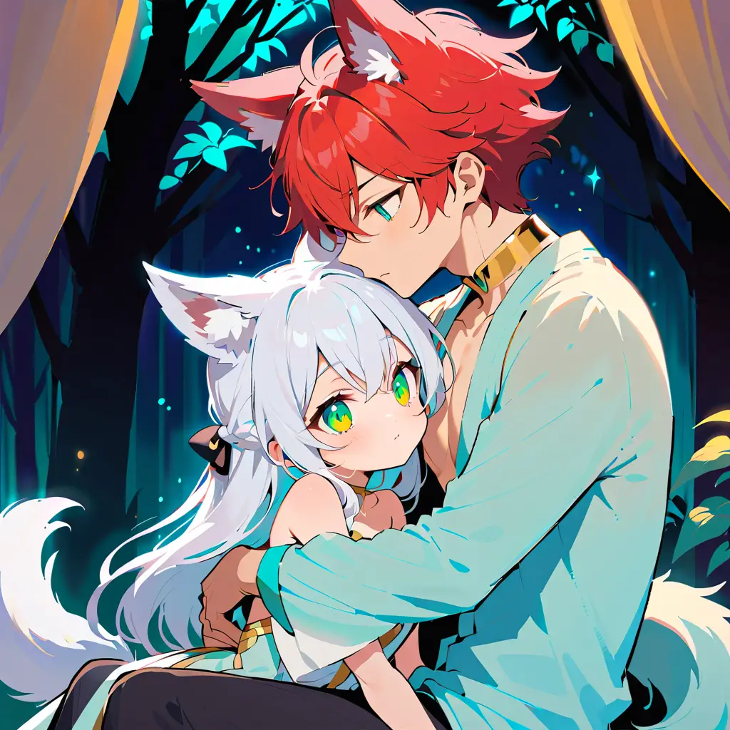 Kitsune girl and wolf man kissing in mystical forest