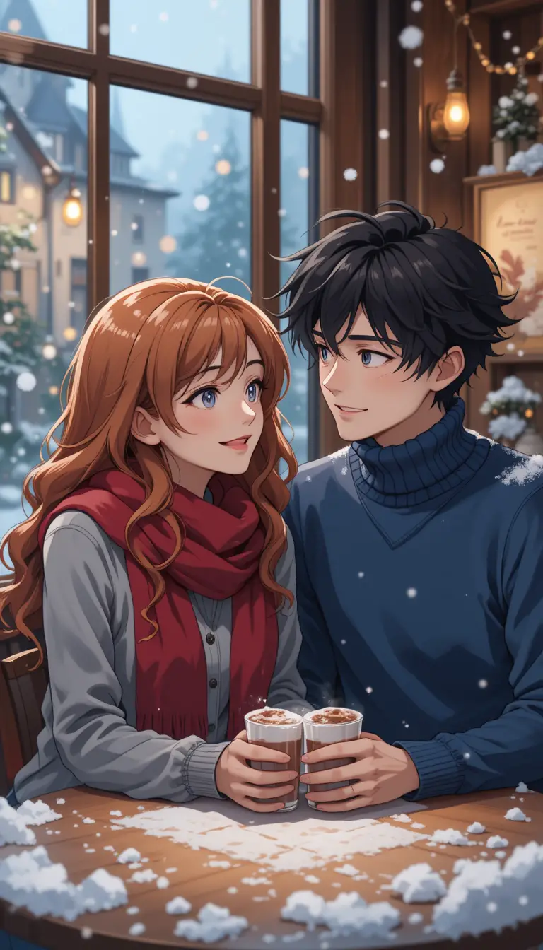 Coppia anime in un caffè accogliente accanto a una finestra innevata