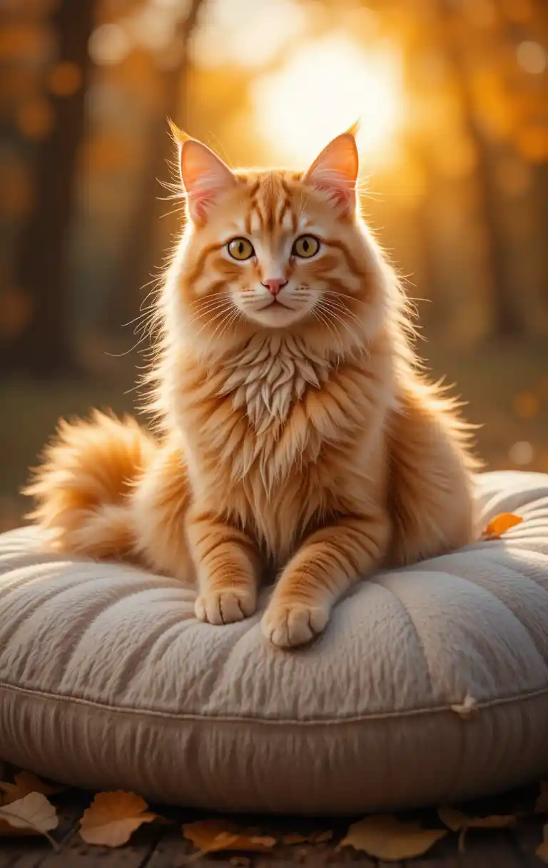 Elegant orange cat resting on a soft cream cushion