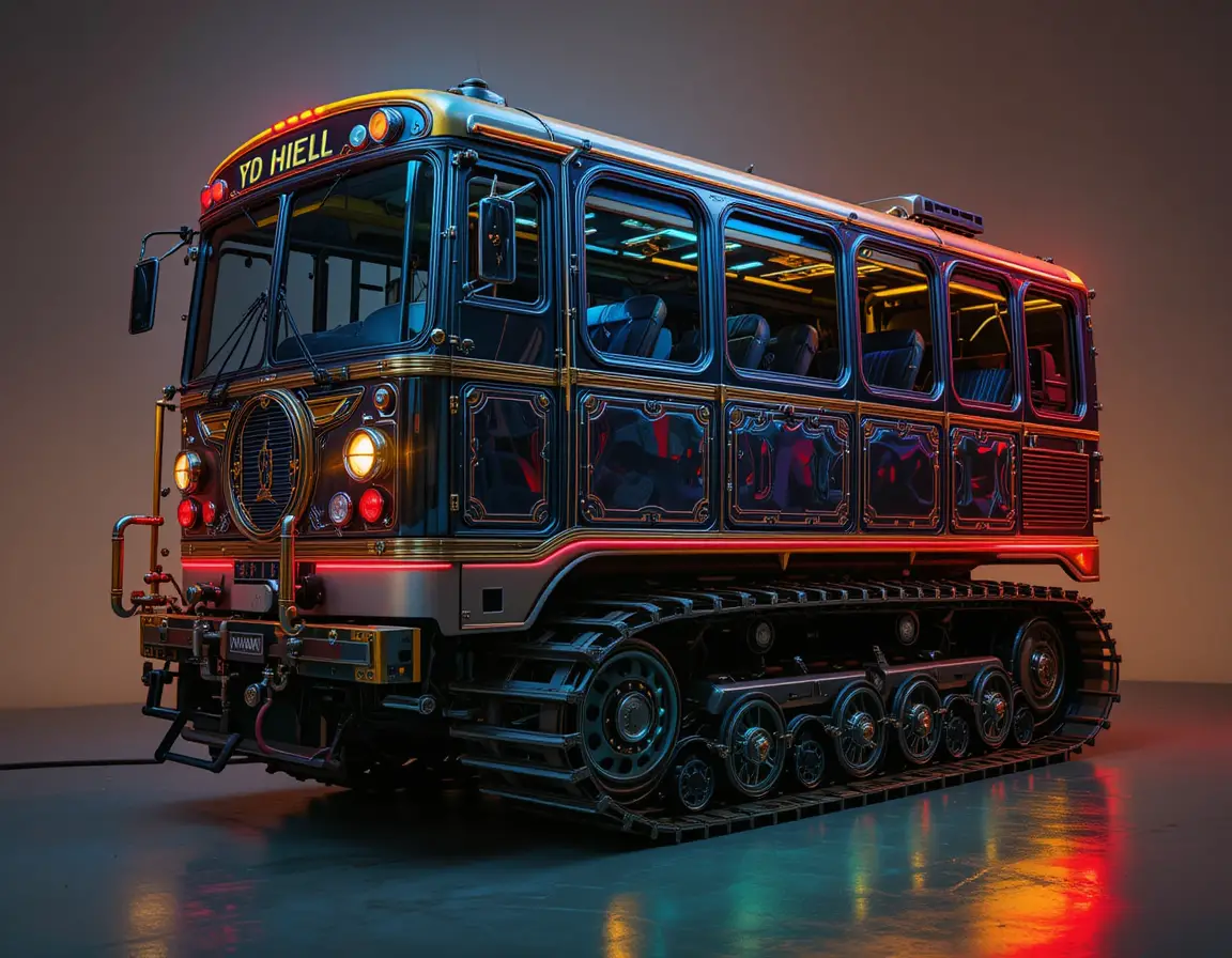 Cabine de bus futuriste avec design à chenilles noires