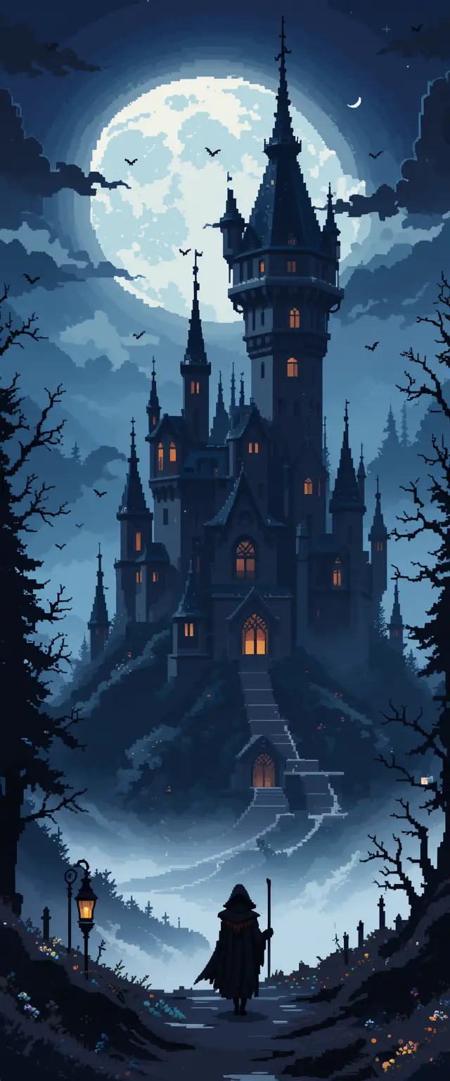 Pixelart-Sensenmann, der auf ein gotisches Schloss zugeht