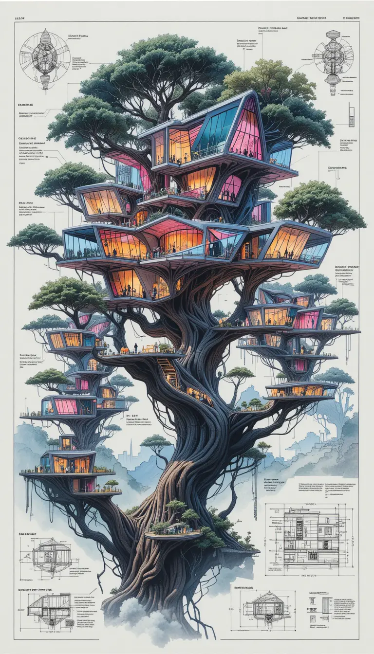 Ilustração Arquitetônica de Casa na Árvore Futurista em Floresta Neon