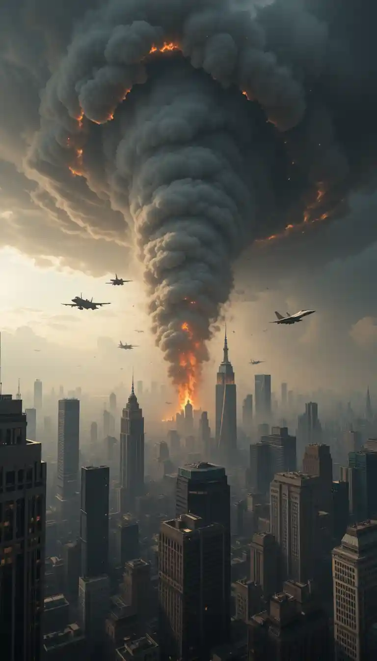 Brennende Wolkenkratzer einer Stadt aus der Vogelperspektive mit Kampfjets