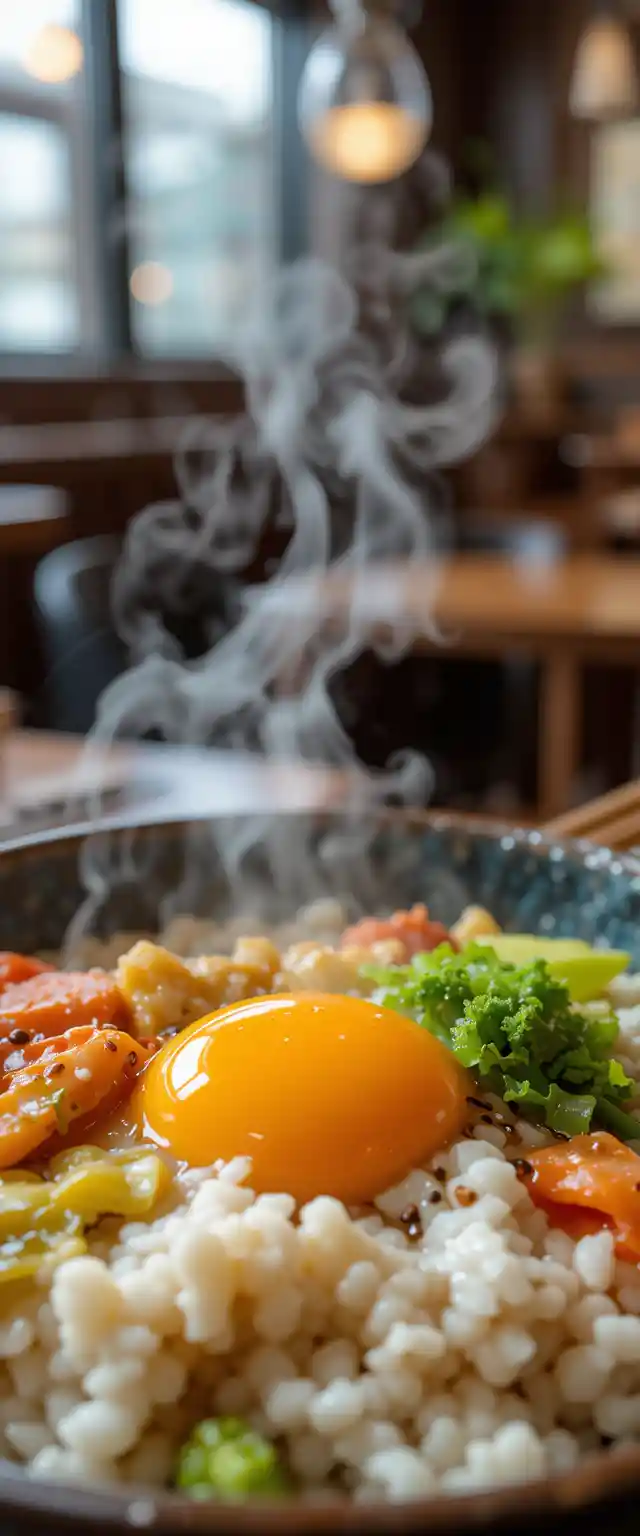 Nahaufnahme einer koreanischen Reisschale mit dampfendem Eigelb