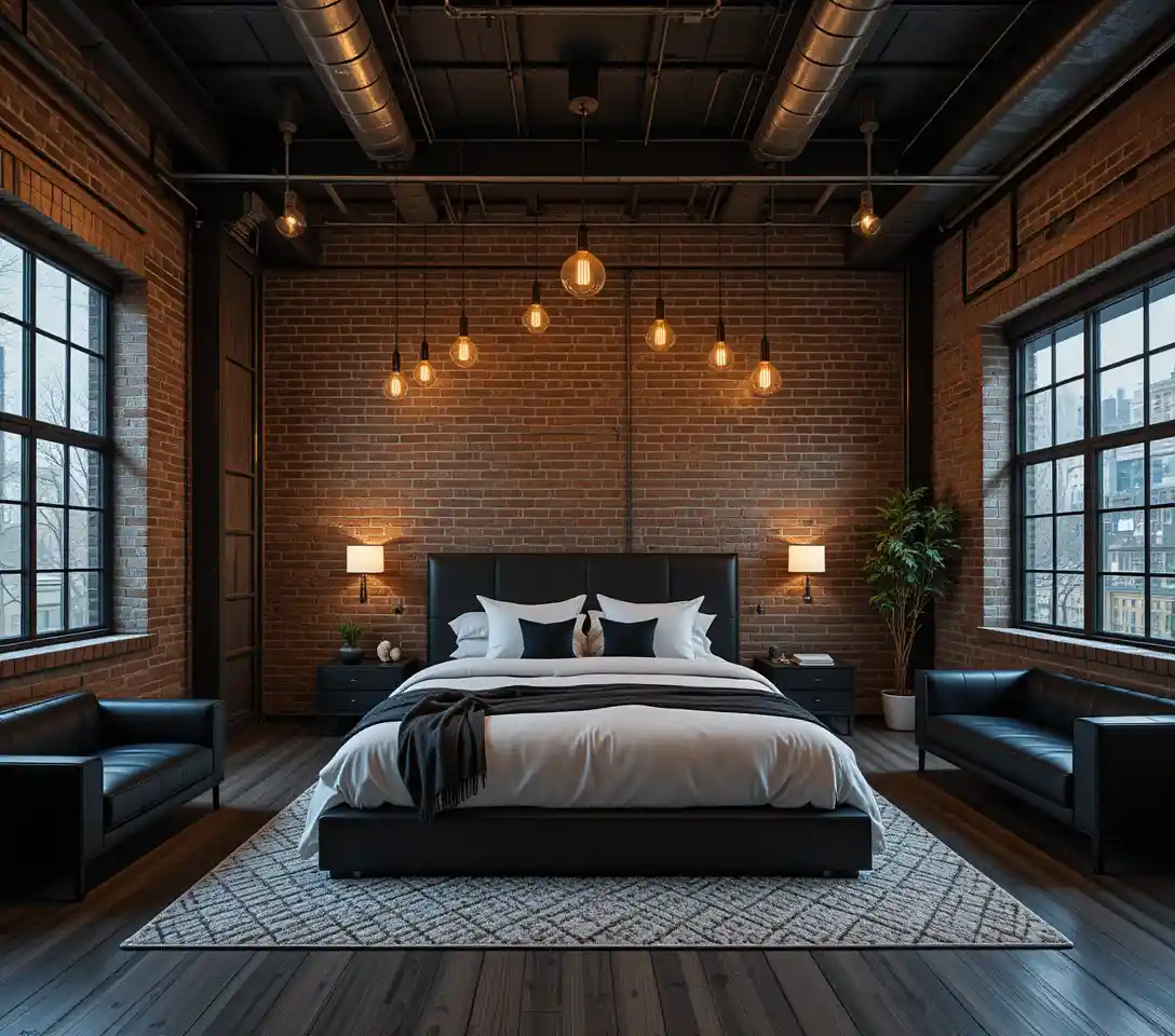 Gemütliches Industrial-Schlafzimmer mit großem Bett und warmem Licht