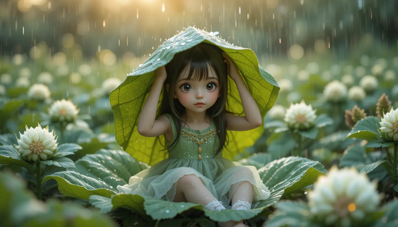 魔法雨中花園裡捲心菜葉上的小女孩