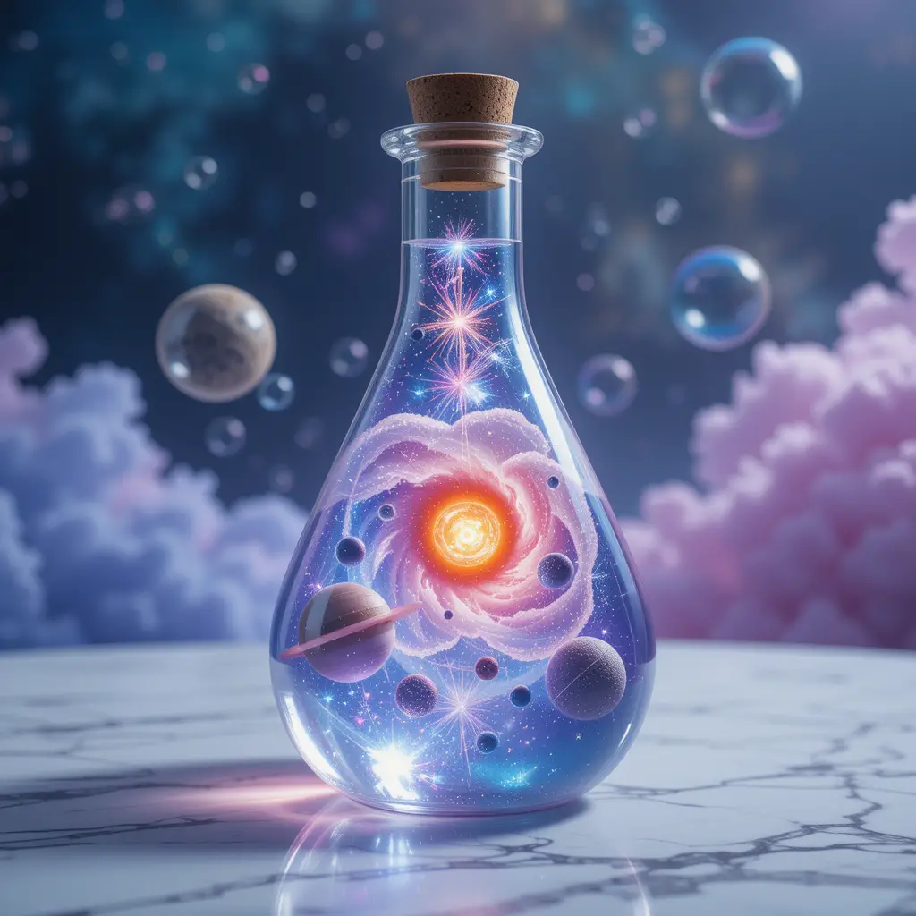 Fotorealistisches Flaschengefäß mit einem Miniatur-Sonnensystem im Inneren