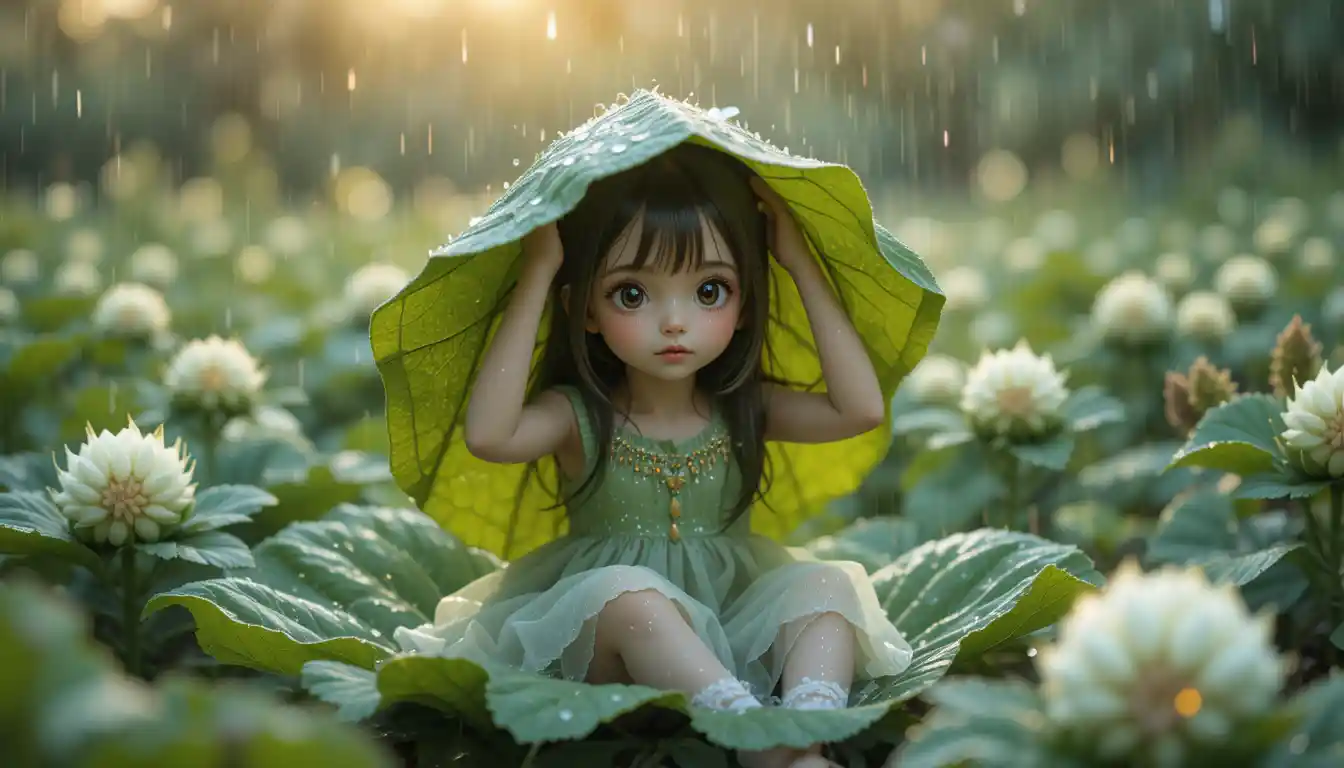 魔法雨中花園裡捲心菜葉上的小女孩