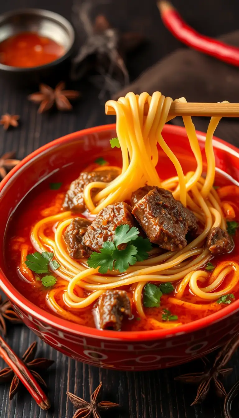 Gros plan d’un bol de soupe de nouilles au bœuf épicée sur la table
