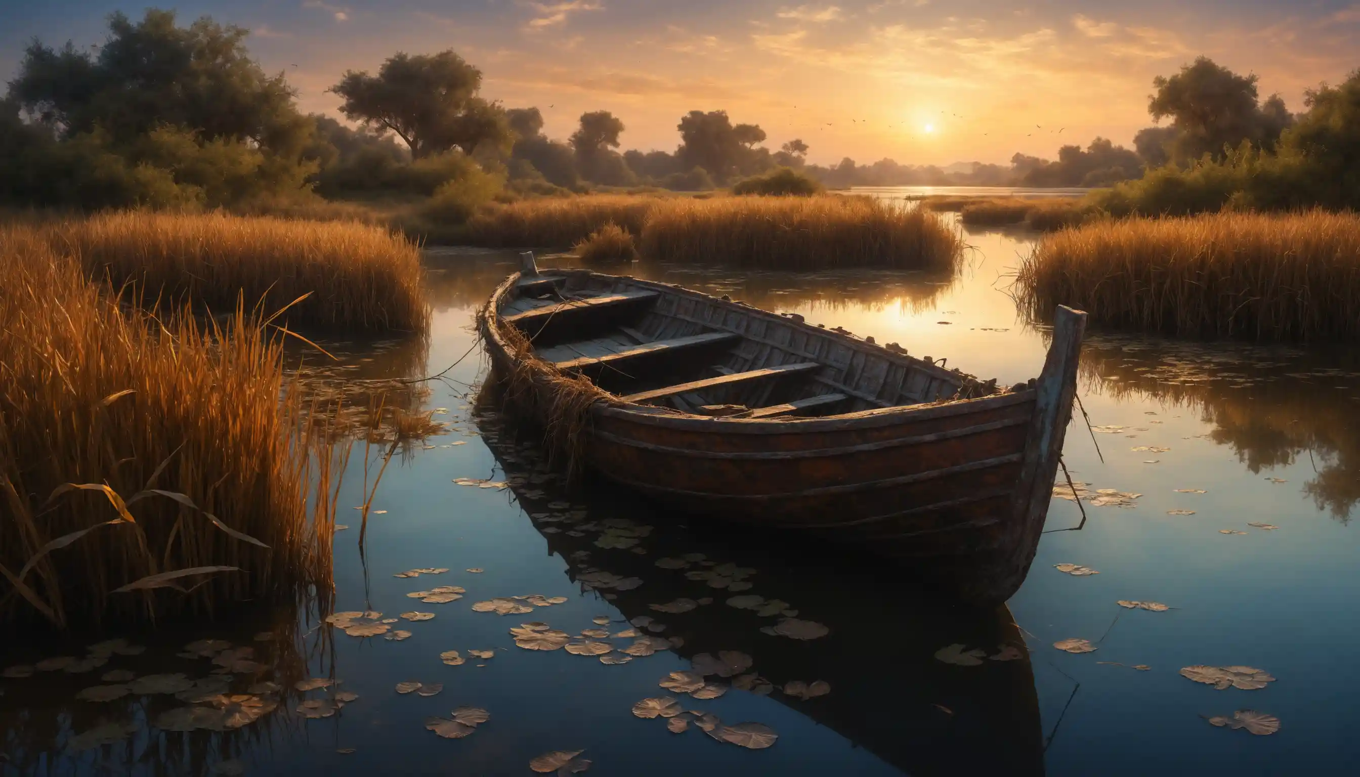 Ancient Boat In Reeds At Serene Evening Sky
