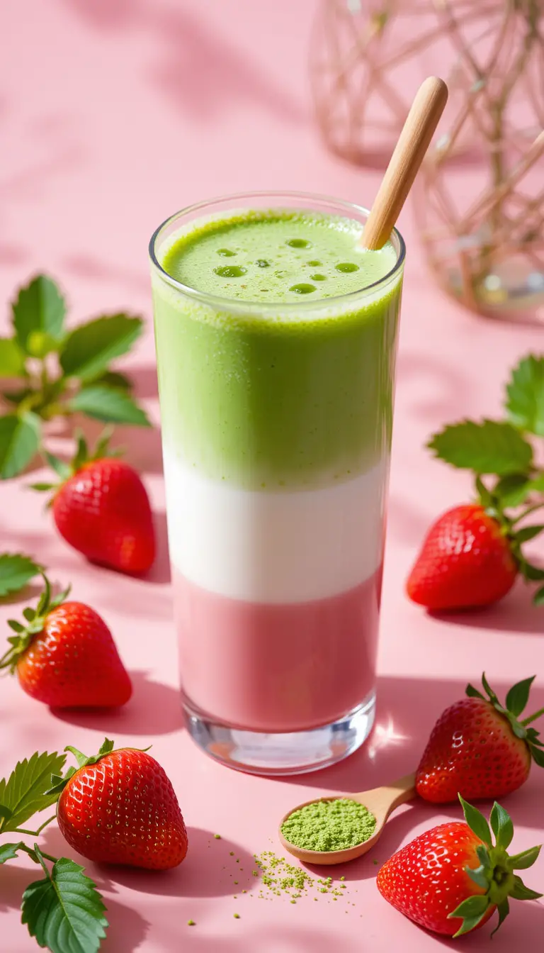 Boisson matcha et fraise en couches avec fraises fraîches