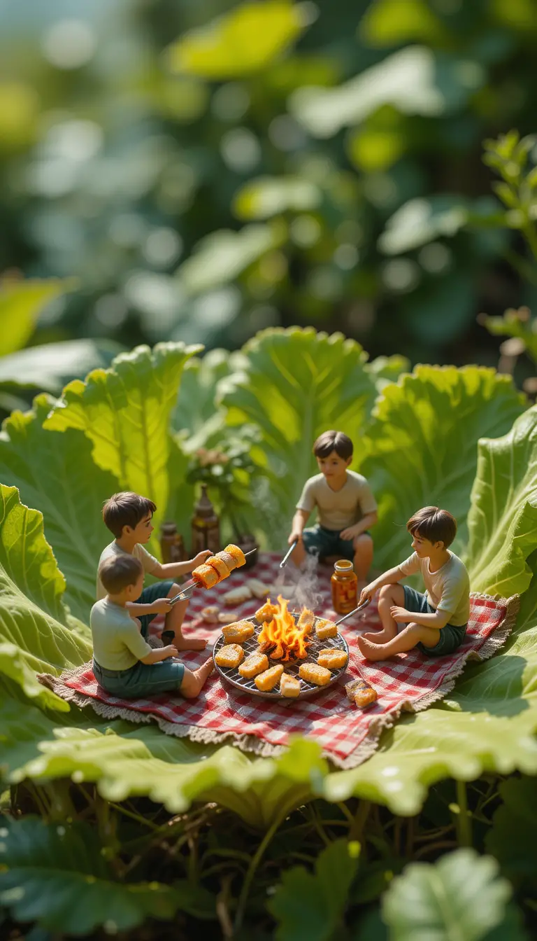 Miniature people having a picnic on a lettuce leaf