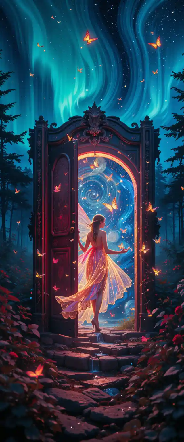 Hada saliendo de un portal de libro gigante en un jardín neón