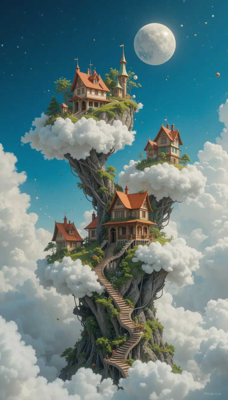 漂浮在雲端與階梯上的奇幻房屋