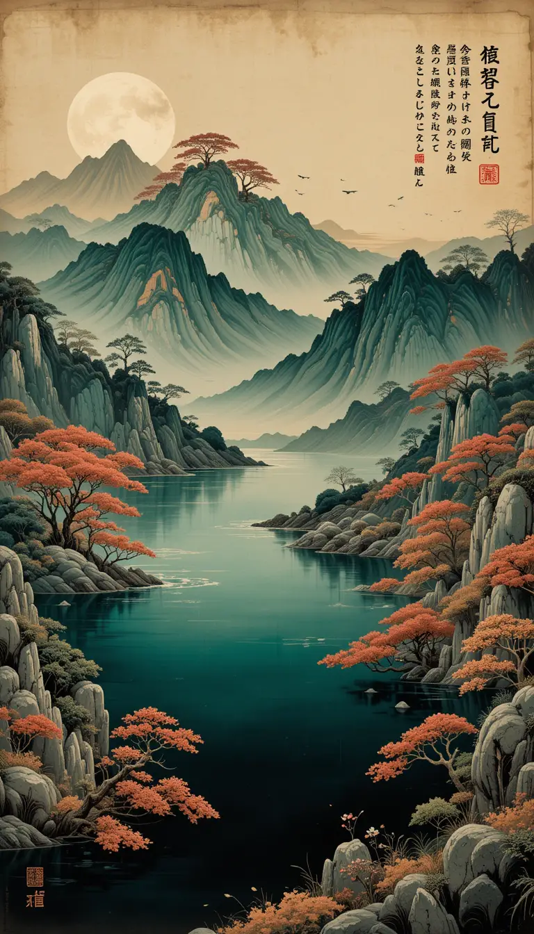 Paysage de montagne japonais traditionnel aux eaux émeraude paisibles