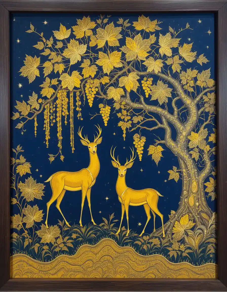 Cervo dorato sotto un baldacchino di foresta batik stilizzato