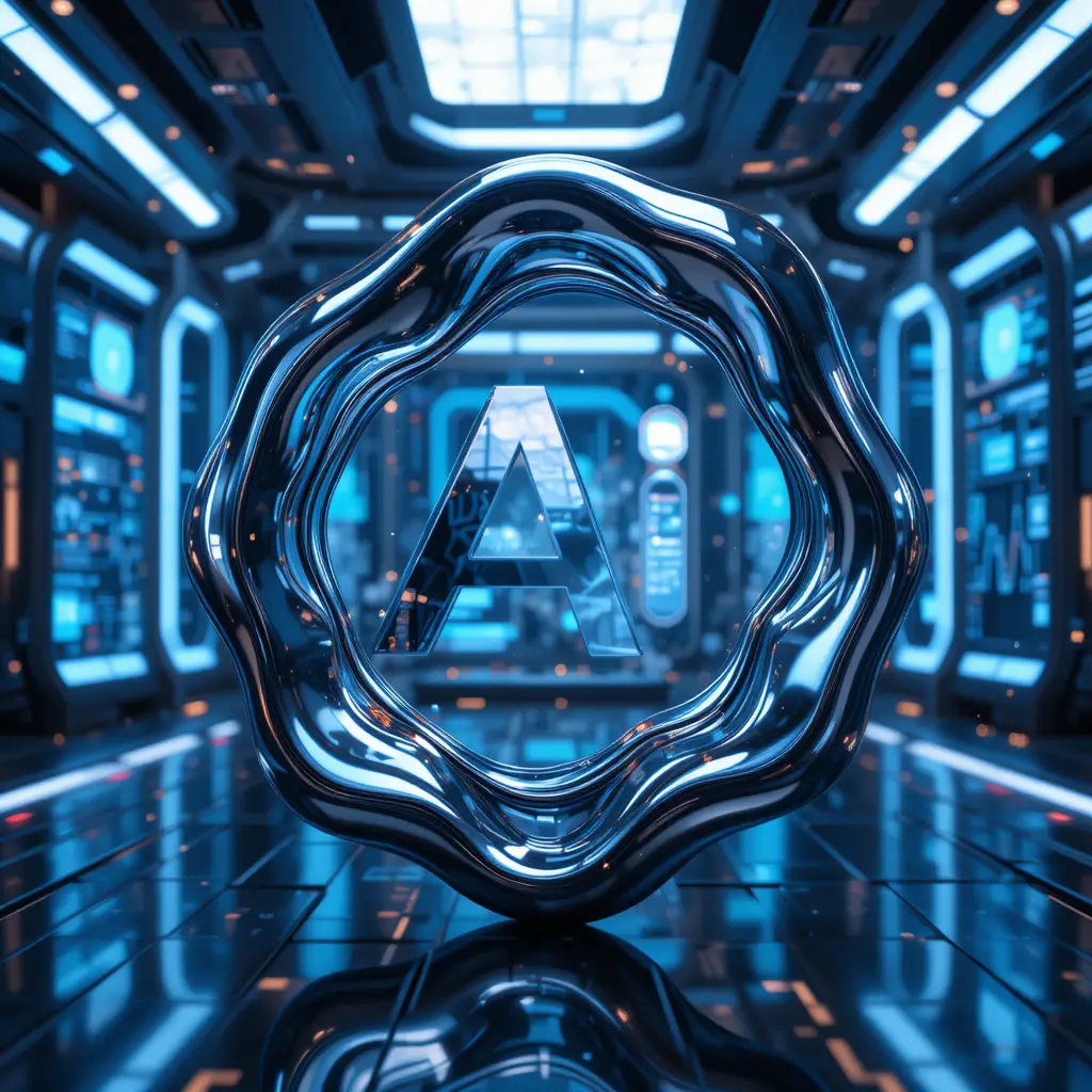 Flüssigmetall-Unternehmenslogo im futuristischen Kontrollraum