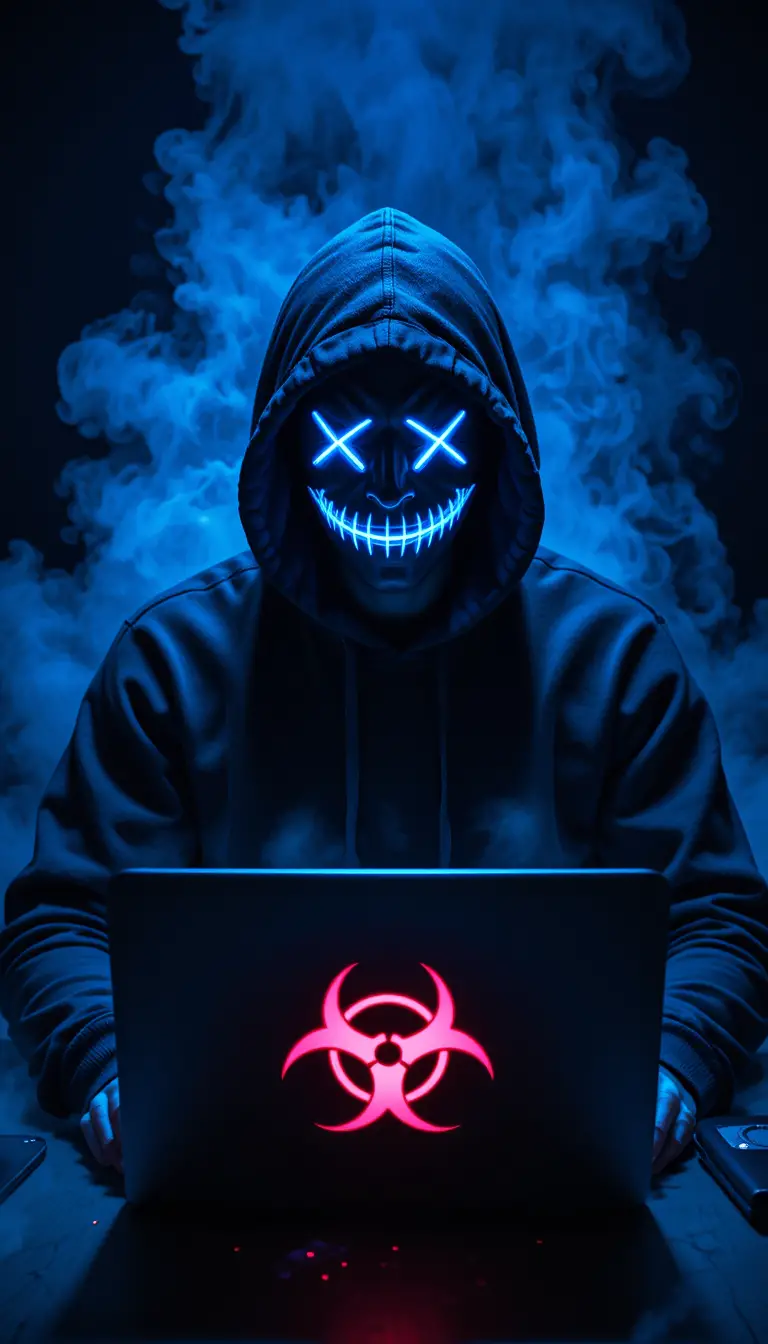 Vermummte Gestalt mit Neonmaske am Laptop in dunklem Raum