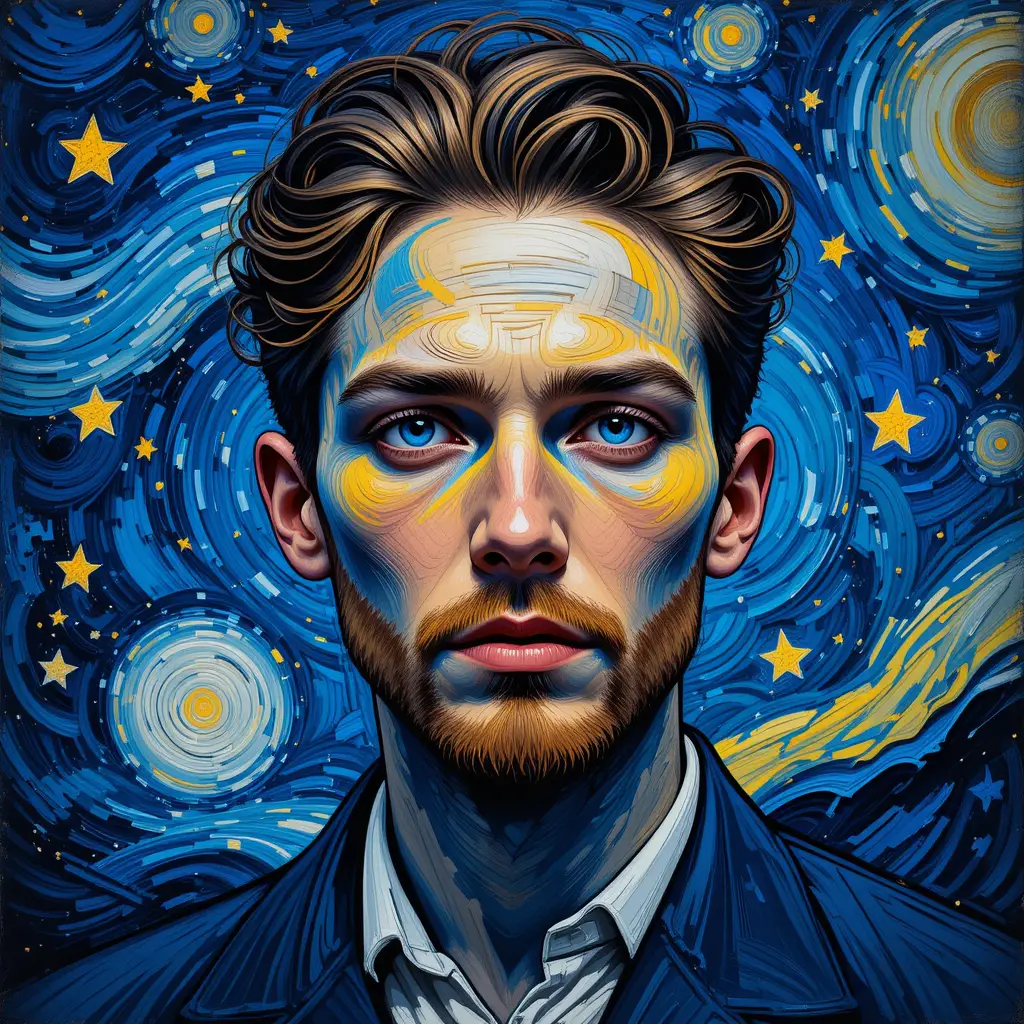 旋轉星空下的年輕男子抽象肖像