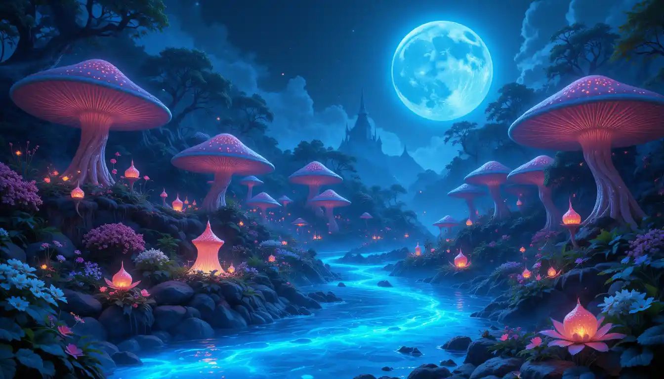 Verzauberter blauer Fluss unter einem leuchtenden Vollmond