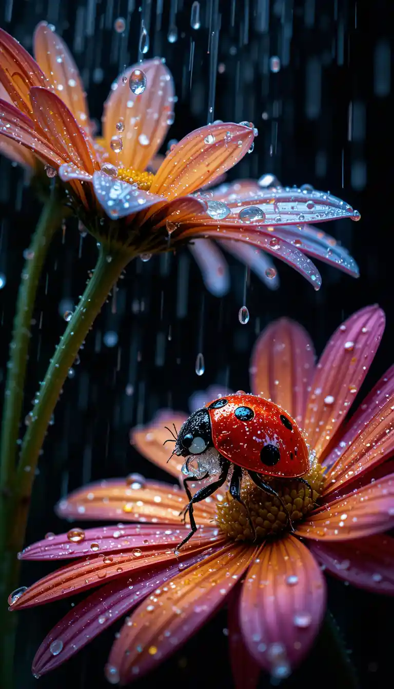 雨中彩色雛菊下的水晶瓢蟲