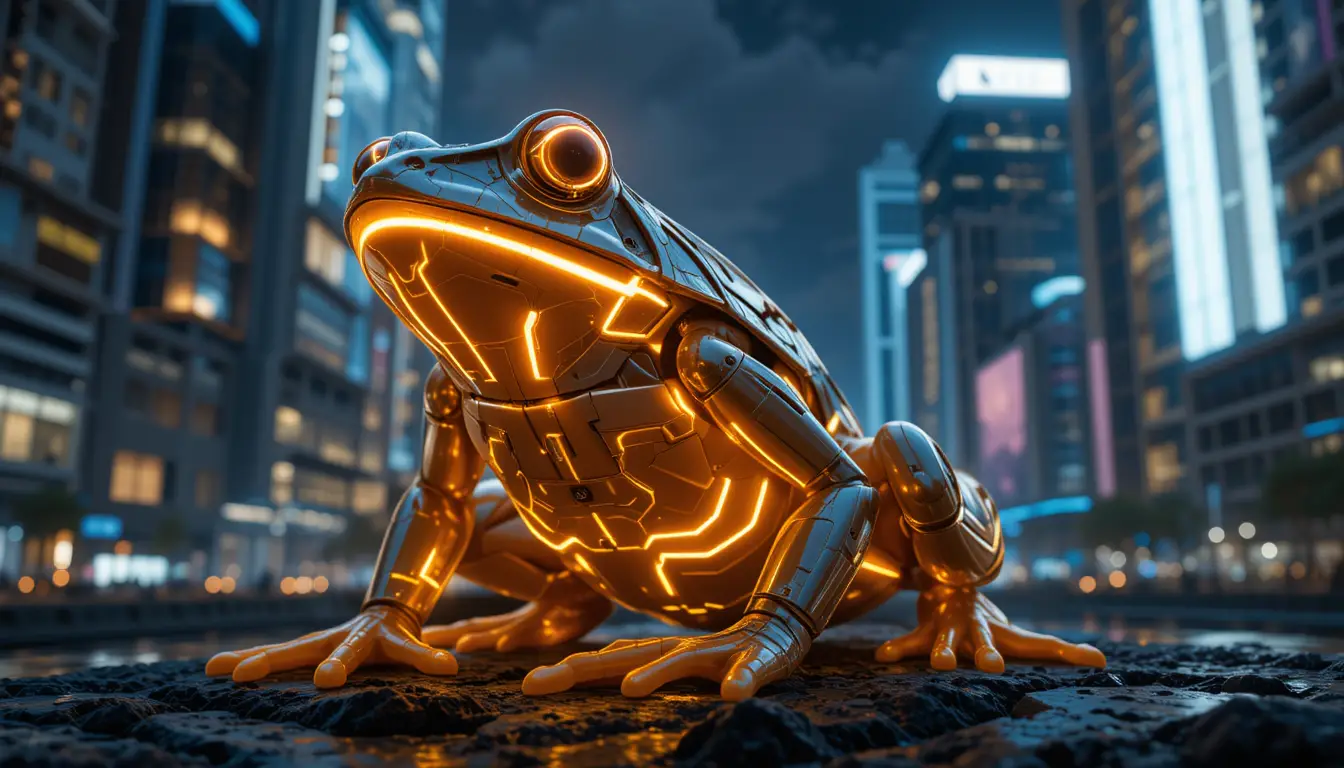Futuristic frog memecoin with neon city skyline